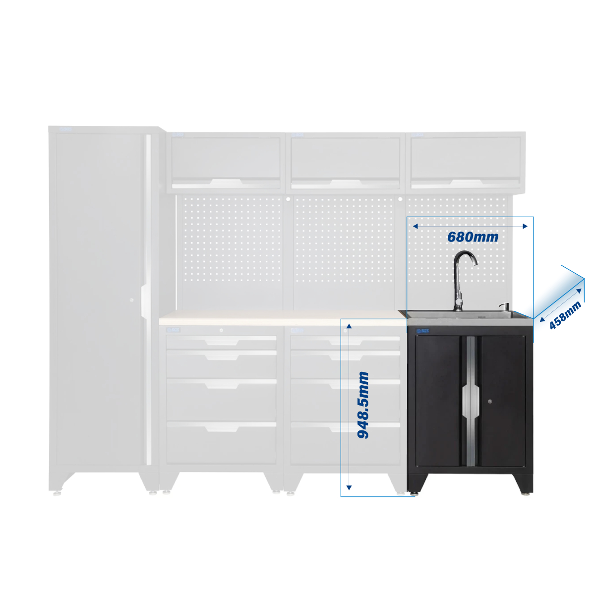 SGS 10pc Modular Garage Storage | 8 Drawers | Plywood Worktop | Tall Single Cabinet | Sink Unit | 3x Upper Cabinets